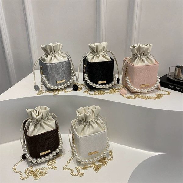 Luxury Crossbody Bucket Bag Texture Pearl Chain Messenger Box Bag DD389